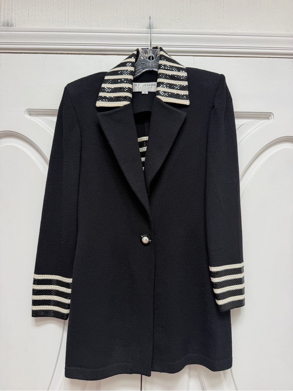St. John Black Knit Blazer with Cream-Striped Collar & Cuffs